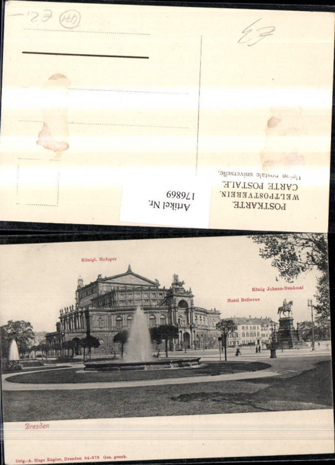 176869,Dresden Königl. Hofoper Hotel Bellevue König Johann-Denkmal Denkmal