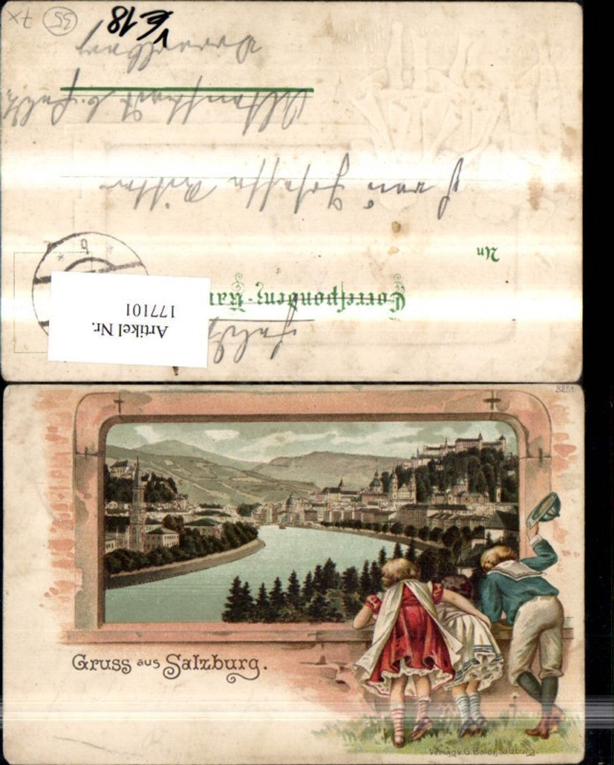 177101,Salzburg Präge Litho Kinder schauen d. Steinfenster pub G. Baldi
