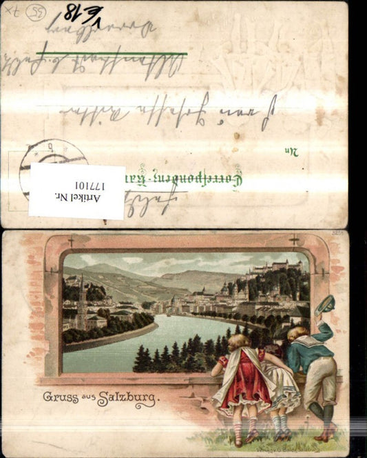 177101,Salzburg Präge Litho Kinder schauen d. Steinfenster pub G. Baldi