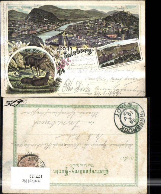 177122,Salzburg Litho Stadtbrücke m. d. Elektrischen Aufzug Ansicht v. Salzburg 1898