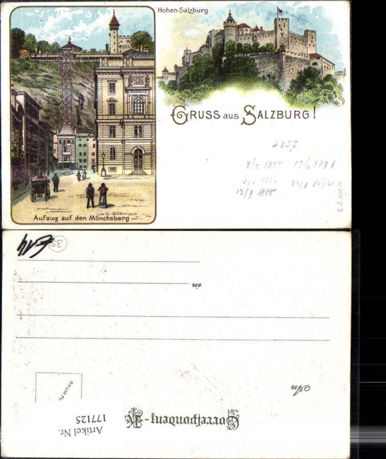 177125, Salzburg Lithograph Hohen Salzburg Elevator to Mönchsberg
