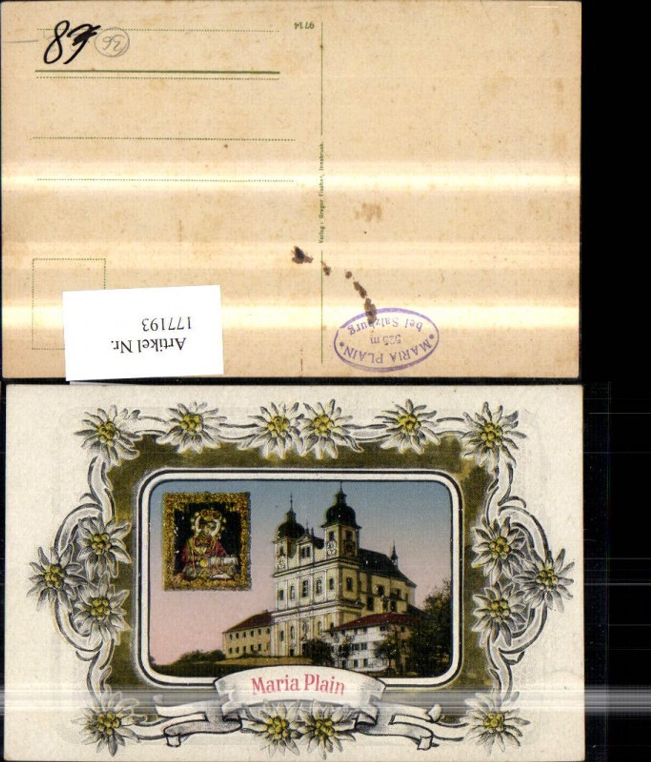 177193,Maria Plain b. Salzburg Passepartout m. Edelweiß Hl Bild Kirche