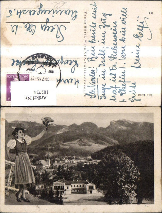 182724,Bad Ischl Fotomontage m. Frau i. Tracht Dirndl Typen m. Blumenstrauß