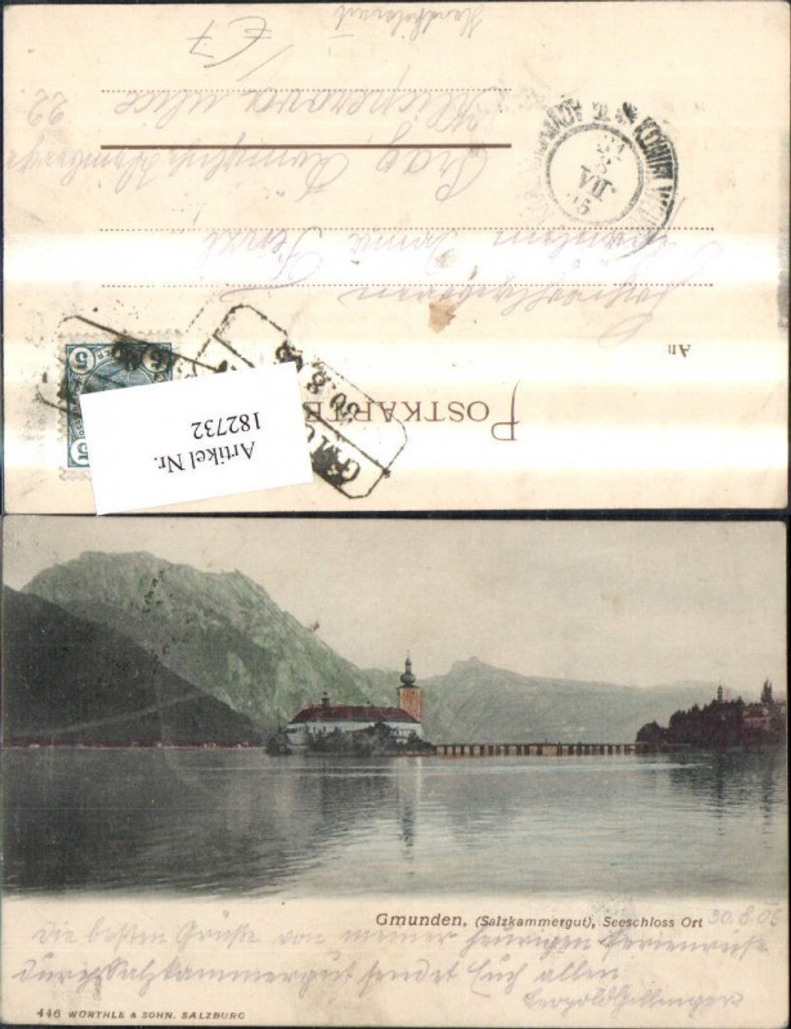182732,Gmunden m. Seeschloss Ort Salzkammergut 1905 Handcoloriert pub Würthle & Sohn 446