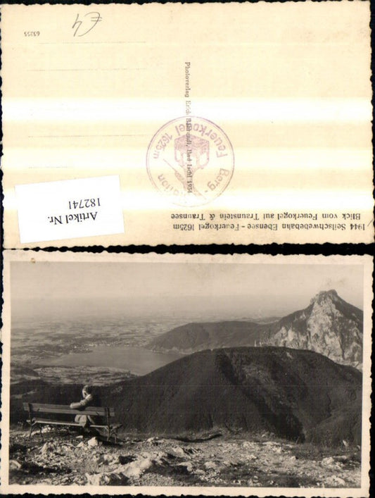 182741,Ebensee Feuerkogel Seilschwebebahn Blick v. Feuerkogel a. Traunstein u. Traunsee Bank m. Mann