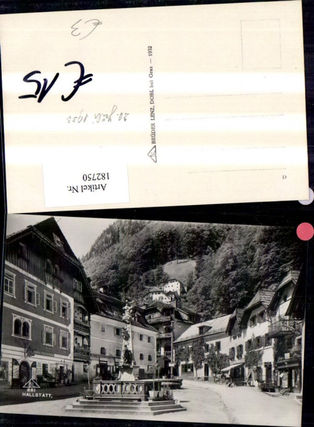 182750,Hallstatt Marktplatz Denkmal Säule 1933