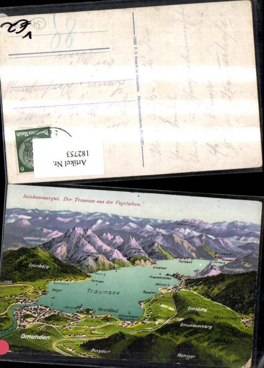 182753,Salzkammergut Traunsee a. d. Vogelschau Lagekarte pub F. E. Brandt 1037