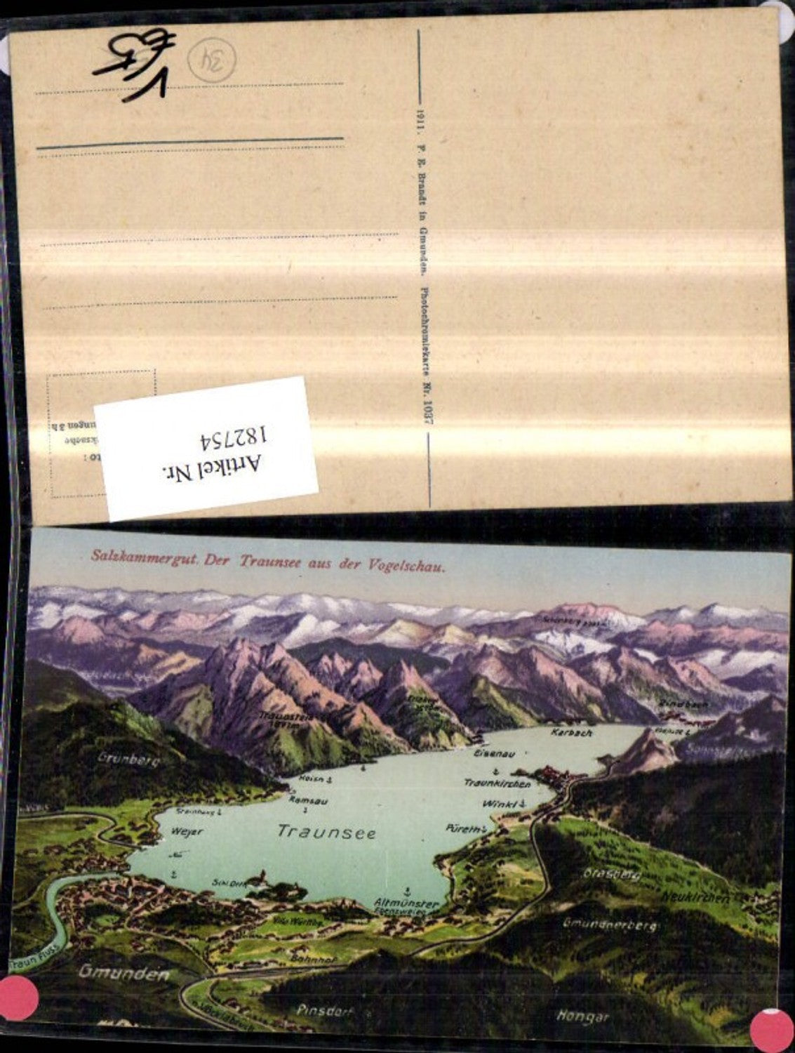 182754,Salzkammergut Traunsee a. d. Vogelschau Lagekarte pub F. E. Brandt 1037