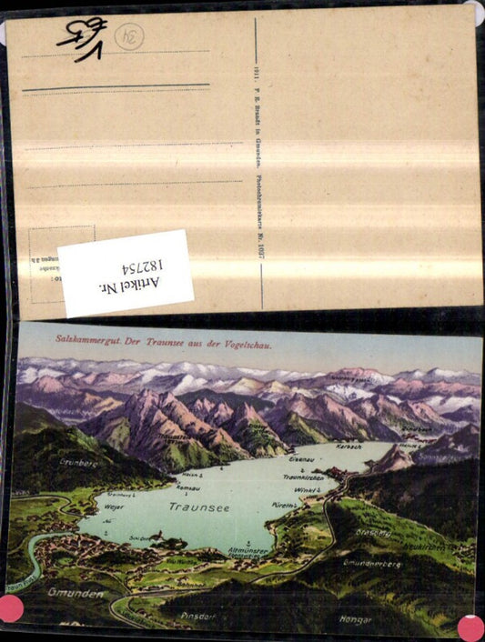 182754,Salzkammergut Traunsee a. d. Vogelschau Lagekarte pub F. E. Brandt 1037