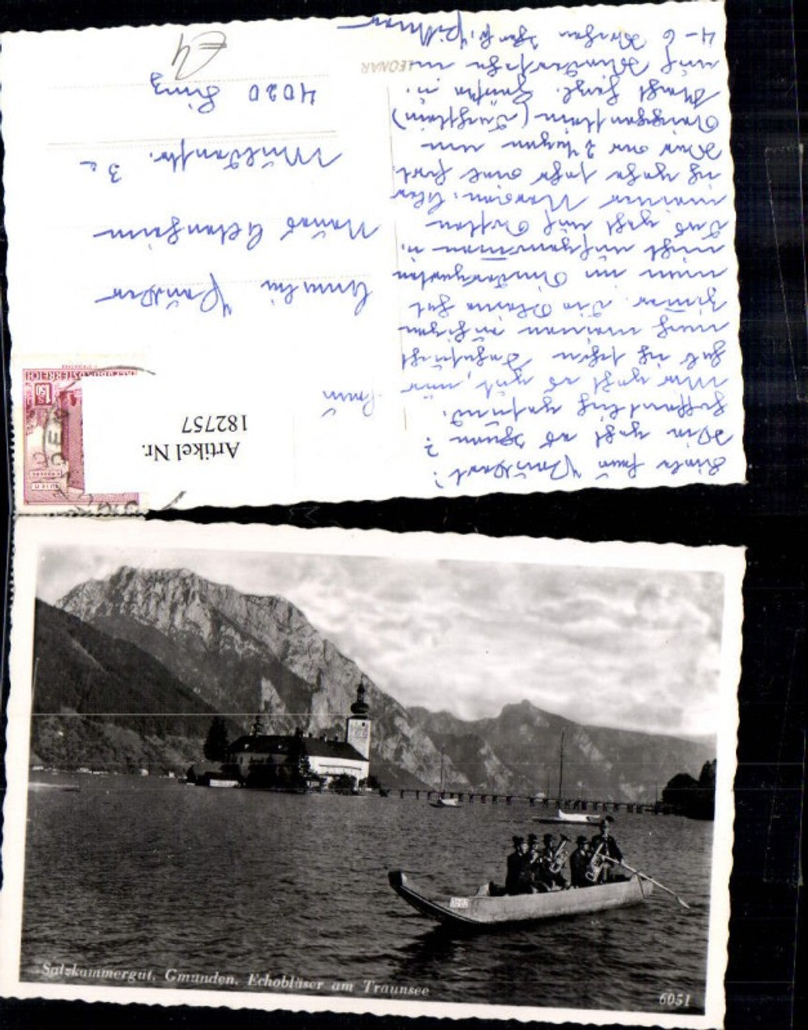 182757,Gmunden Foto Ak Echobläser a. Traunsee Musikanten i. Ruderboot Boot Schloss Ort i. Hintergrund