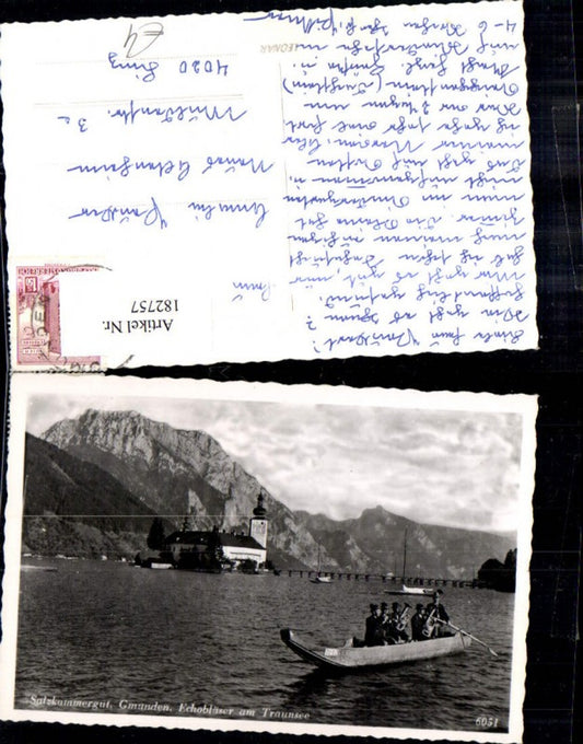182757,Gmunden Foto Ak Echobläser a. Traunsee Musikanten i. Ruderboot Boot Schloss Ort i. Hintergrund