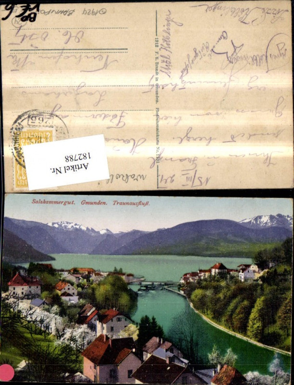 182788,Gmunden Traunstein Salzkammergut Traunausfluß pub F. E. Brandt 1101 Bahnpost Zug 265 Selzthal Attnang Puchheim
