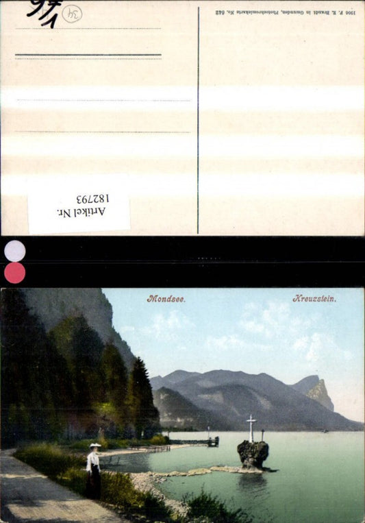 182793,Mondsee Kreuzstein Ansicht m. Kreuz Frau pub F. E. Brandt 642