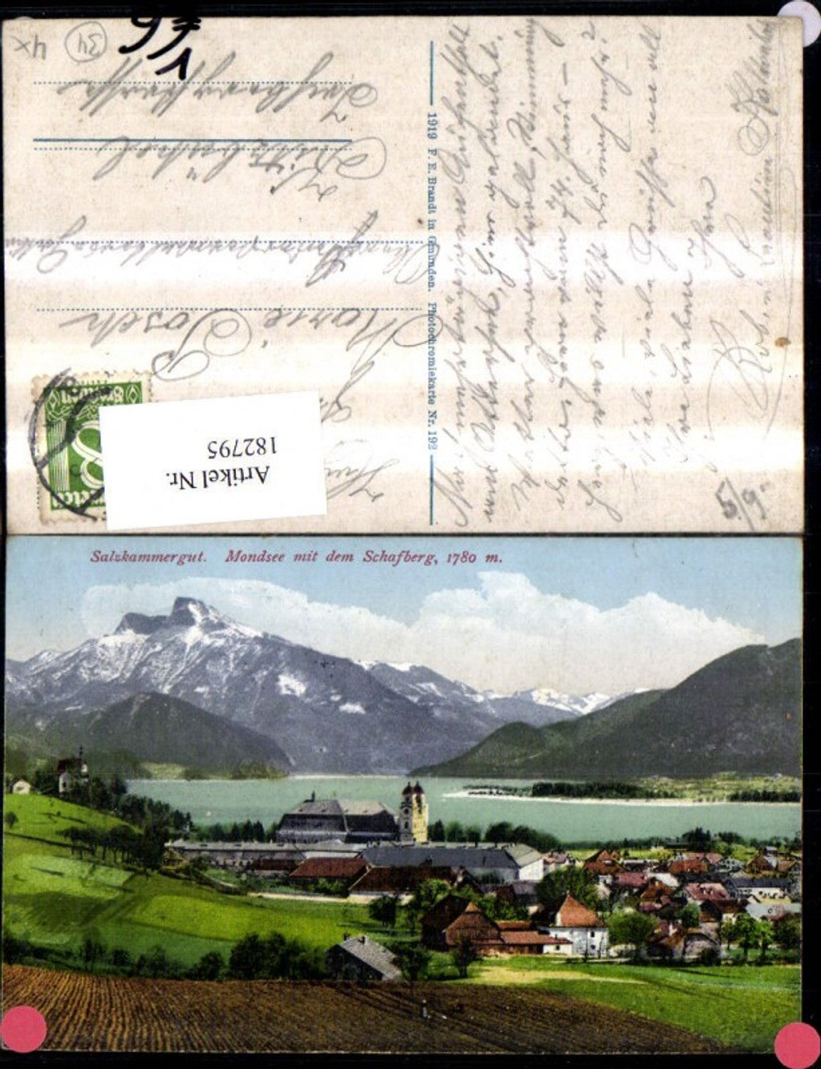 182795,Mondsee m. d. Schafberg Salzkammergut pub F. E. Brandt 192