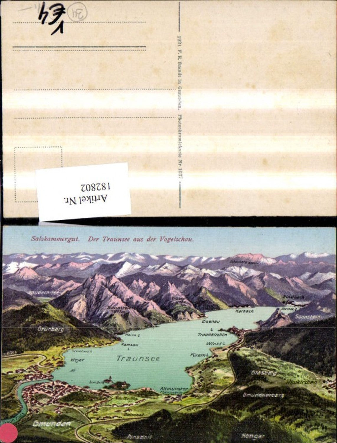 182802,Salzkammergut Traunsee a. d. Vogelschau Lagekarte pub F. E. Brandt 1037