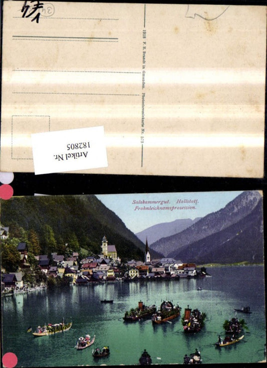 182805,Hallstatt Salzkammergut Fronleichnamsprozession Boote Ruderboote pub F. E. Brandt 578