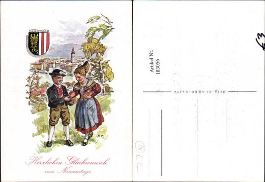 183056,Linz Herzlichen Glückwunsch z. Namenstage Frau Mann m. Äpfel Tracht Typen i. Vordergrund