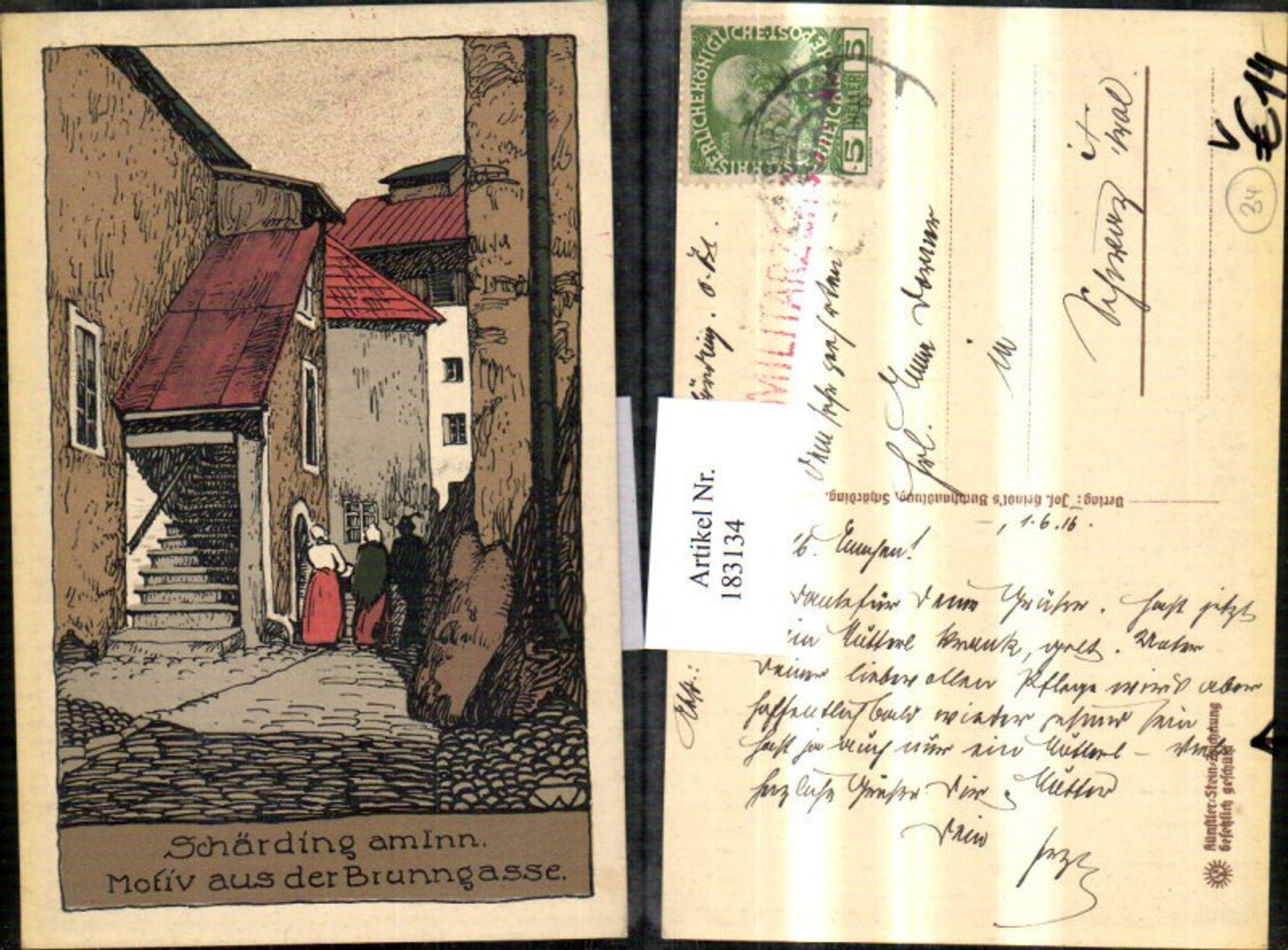 183134,Schärding am Inn Motiv a. d. Brunngasse Steinzeichnung pub Josef Heindl