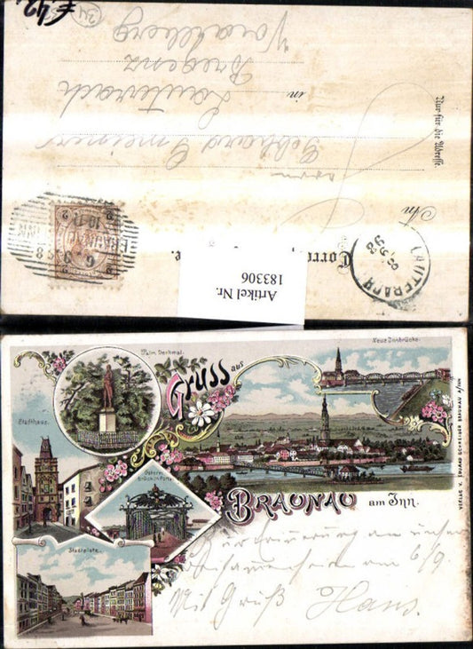 183306,Litho AK Gruß aus Braunau a. Inn Neue Innbrücke Palm Denkmal Stadthaus Brücken Portal Stadtplatz Mehrbildkarte
