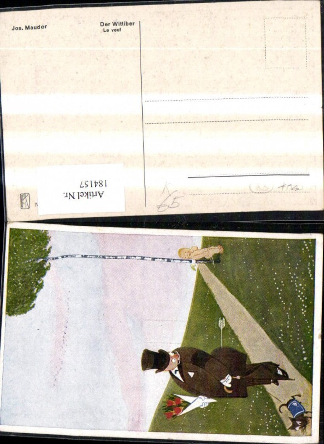 184157,Scherz Humor Der Wittiber Mann m. Zylinder u. Hund wird v. Amors Engel Pfeil getroffen Künstler Ak Jos. Mauder