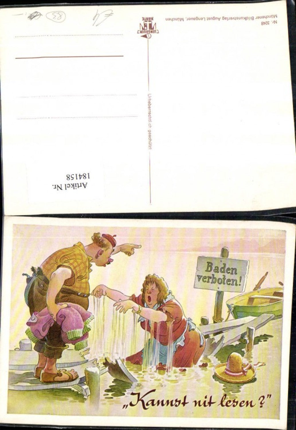 184158,Scherz Humor Frau steht i. Wasser u. Mann fragt Kannst nit lesen Boot Bootssteg Baden verboten