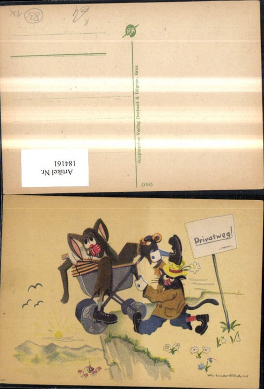 184161,Scherz Humor Katzen a. Privatweg m. Kinderwagen Künstler Ak Klapai