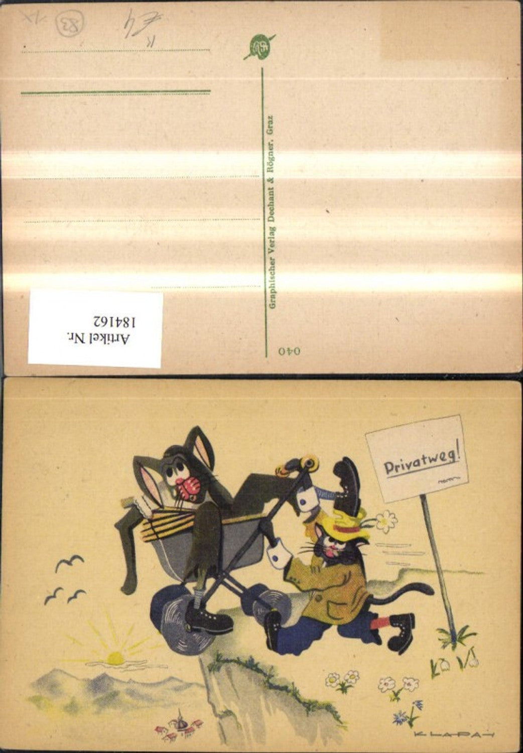 184162,Scherz Humor Katzen a. Privatweg m. Kinderwagen Künstler Ak Klapai