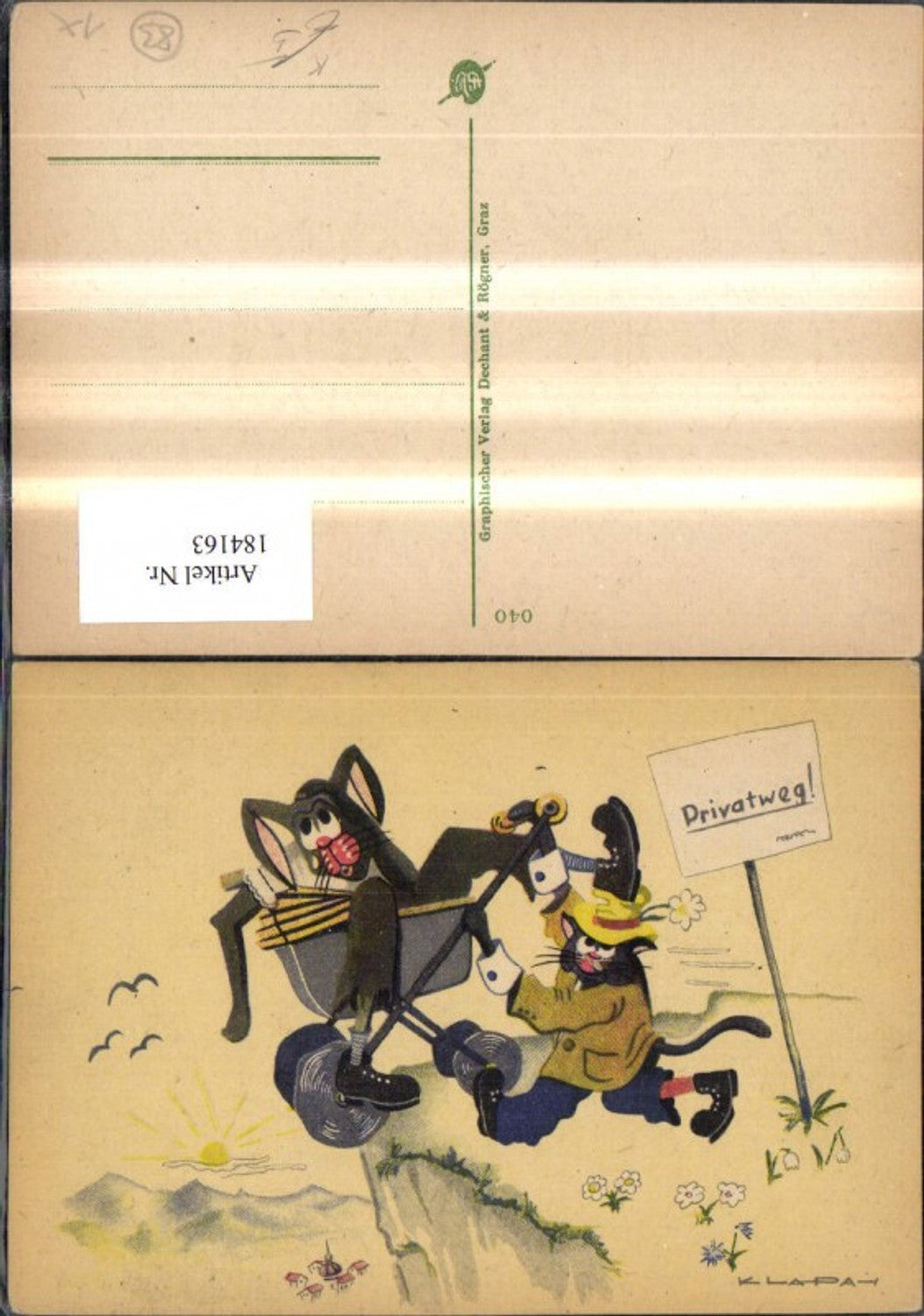 184163,Scherz Humor Katzen a. Privatweg m. Kinderwagen Künstler Ak Klapai