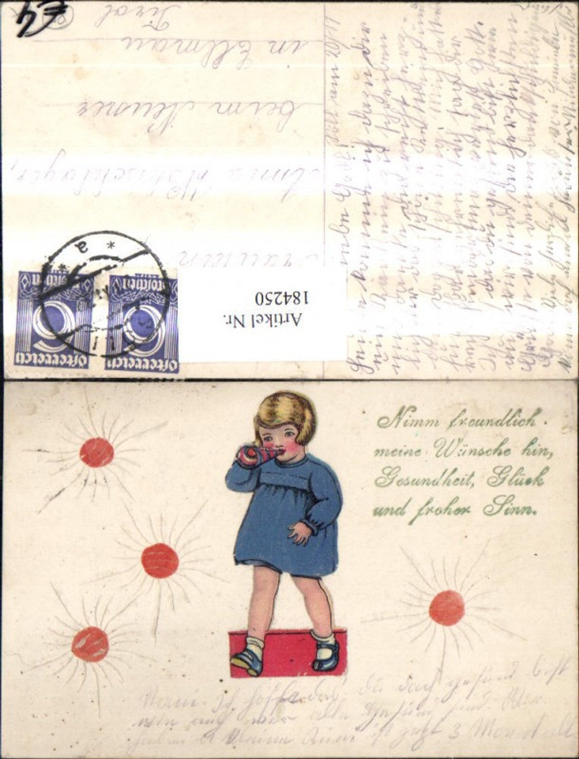 184250, Congratulations stamp, girl with horn, saying