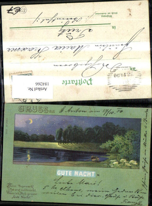 184266, Congratulations, greetings, good night, lake with rowboat by moonlight