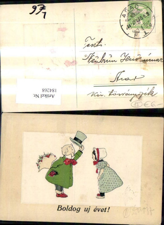 184268, Congratulations embossing lithograph Boldog uj evet man with top hat and flowers greets woman