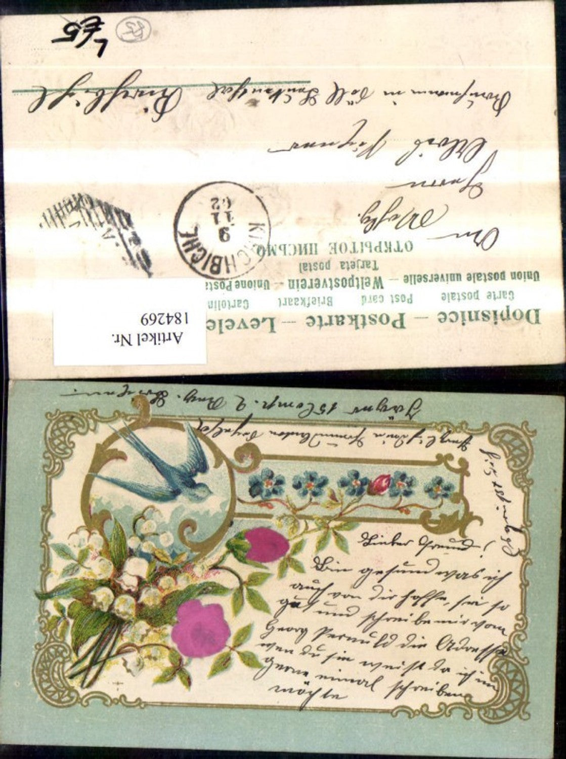 184269,Gückwunsch Präge Litho Blumen Schwalbe Stoffrosen Goldverzierung