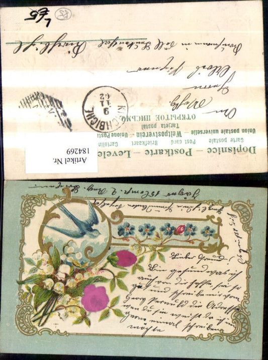 184269,Gückwunsch Präge Litho Blumen Schwalbe Stoffrosen Goldverzierung