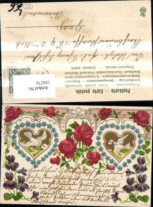 184276,Gückwunsch Litho Blumen Rosen Tauben m. Brief Goldverzierung