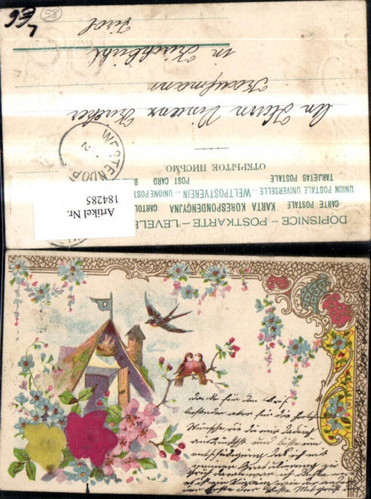 184285,Gückwunsch Präge Litho Haus m. Vogelnest Vogel Stoffrosen Blumen Ranke Goldverzierung