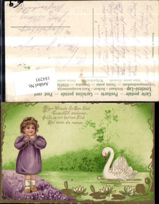 184293,Gückwunsch Präge Ak Mädchen b. Teich See m. Schwan Goldverzierung