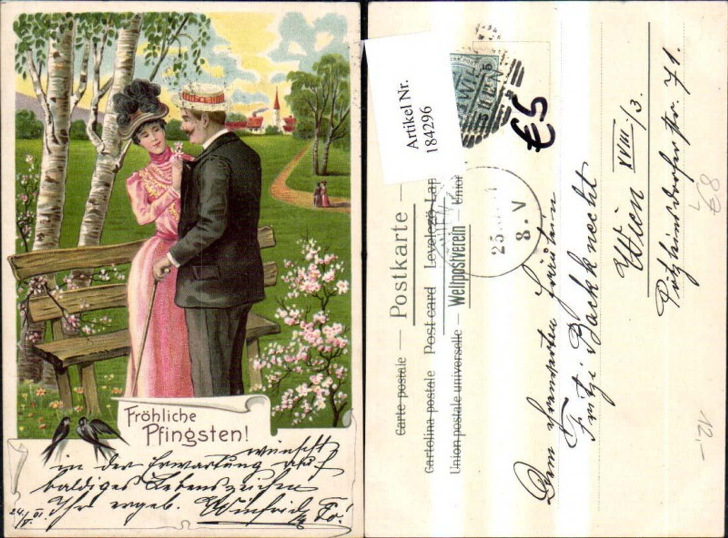 184296, Pentecost lithograph, woman, man in park, bench, swallows, flowers