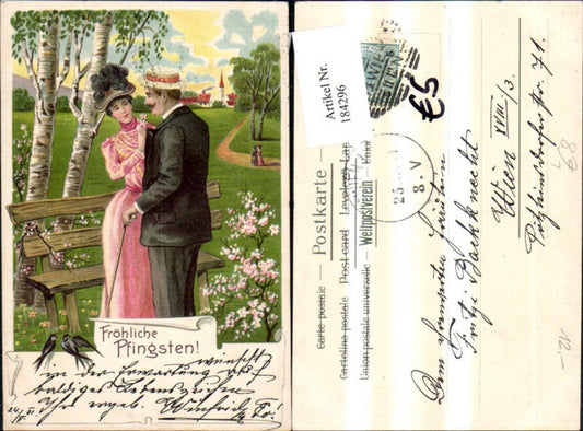 184296, Pentecost lithograph, woman, man in park, bench, swallows, flowers
