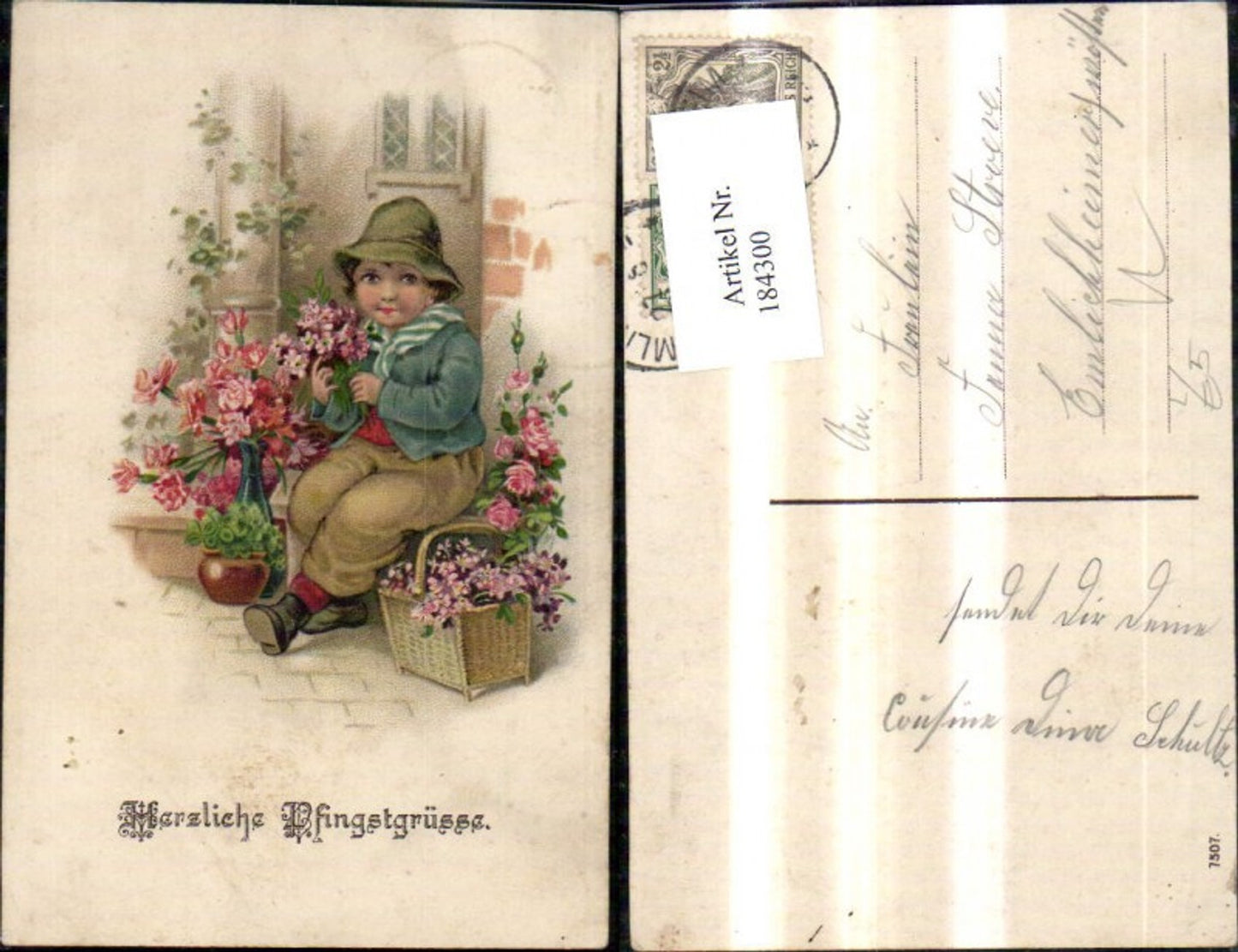 184300, Pentecost Lithograph Young Child with Flower Basket by House