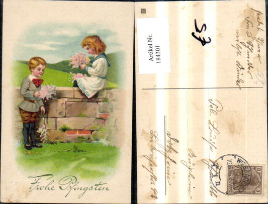184301, Pentecost embossing lithograph children with flowers by stone wall sailor suit