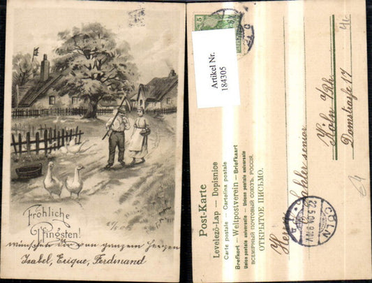 184305, Pentecost, town view, street, houses with woman, man with scythe, geese, pencil drawing