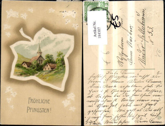 184307, Pentecost embossing lithograph church village in frame ivy vine