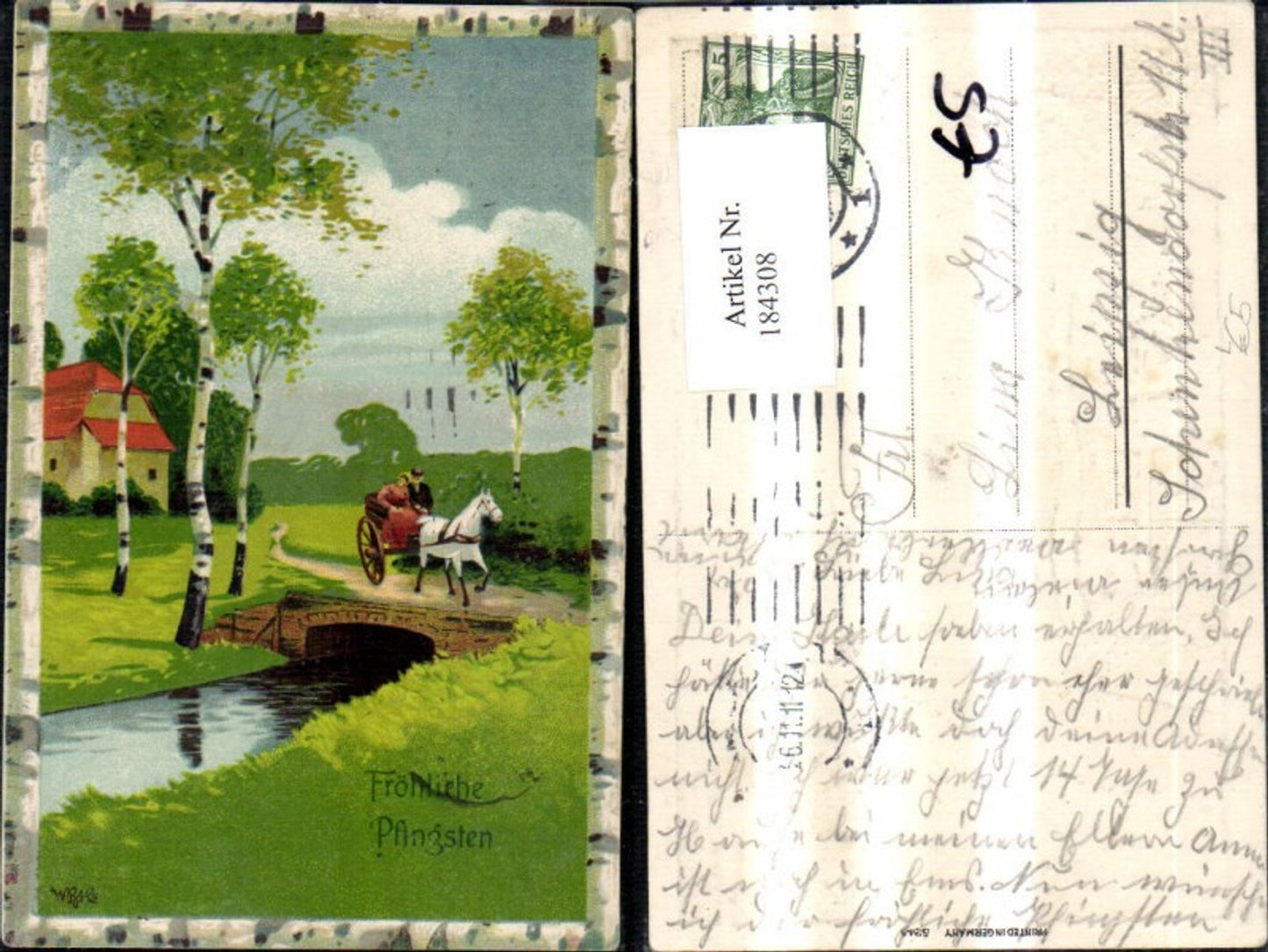 184308, Pentecost embossing lithograph carriage bridge landscape in birch frame