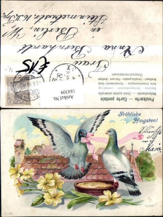 184309, Pentecost embossing lithograph doves b. bowl ribbon flowers roof