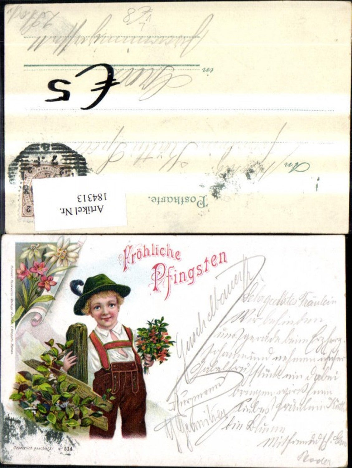 184313, Pentecost Lithograph Boy in traditional dress Types by fence with bouquet of flowers Flowers pub P. Krappen 514