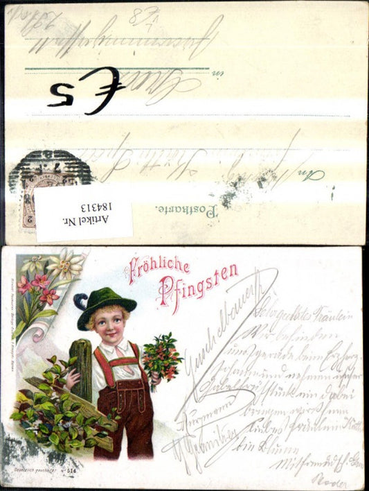184313, Pentecost Lithograph Boy in traditional dress Types by fence with bouquet of flowers Flowers pub P. Krappen 514