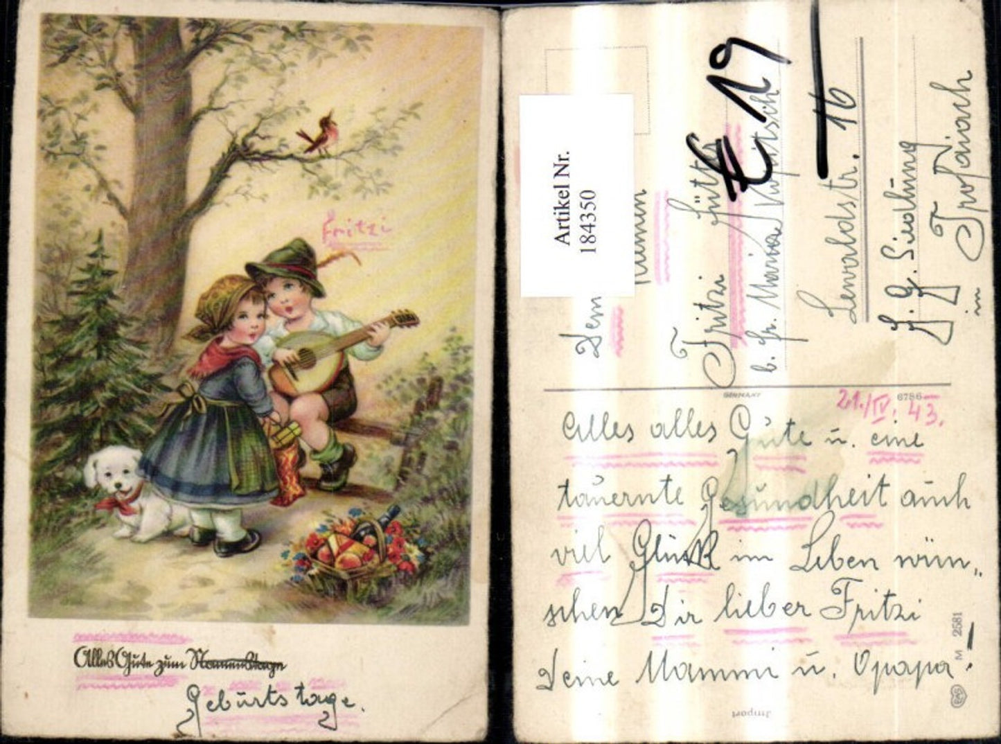 184350,Namenstag Kinder i. Wald m. Gitarre Hund Geschenkkorb Weinflasche pub EAS 2581