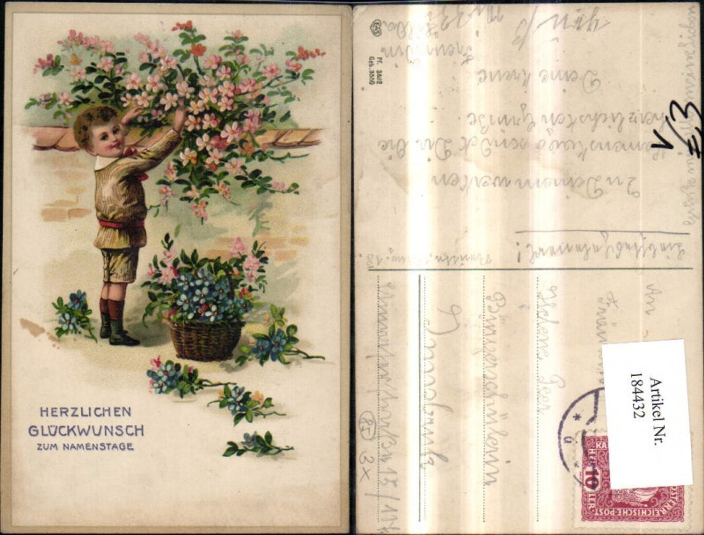184432,Namenstag Junge pflückt Blumen über Steinmauer Korb pub EAS 3582
