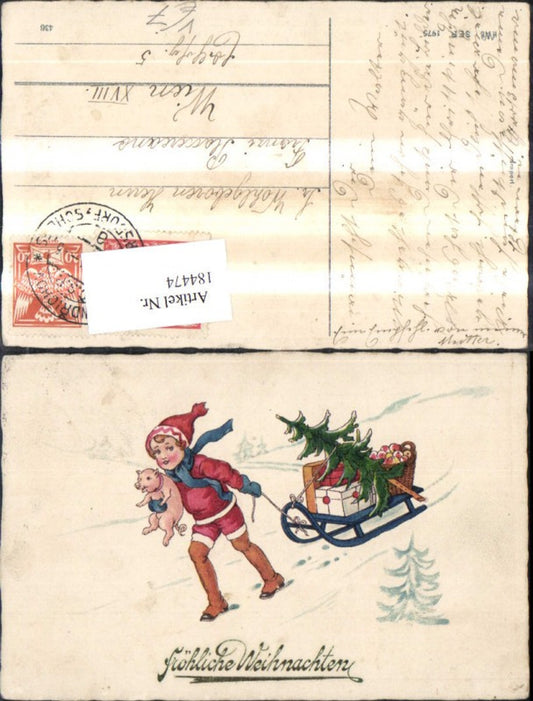 184474, Christmas Child with Pig and Sleigh Fir Tree Gifts pub HWB 1975