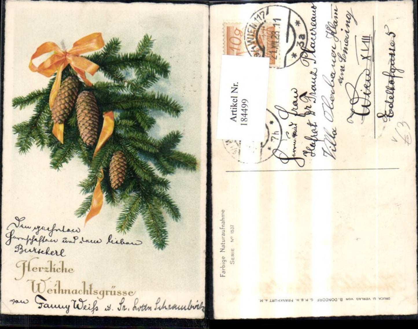 184499, Christmas fir branch cone ribbon glitter lettering pub B. Dondorf 1537